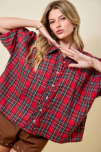 Load image into Gallery viewer, day+moon OVERSIZED Holiday Christmas Plaid Collared Top in Red Multi
