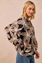 Load image into Gallery viewer, BiBi Bold Floral Print Exaggerated Balloon Sleeve Top in Black/Mocha