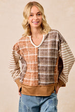 Load image into Gallery viewer, BiBi Plaid and Stripe Color Block Top in Rust/Dark Mocha