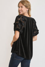 Load image into Gallery viewer, Umgee Velvet Split Neck Top with Lace Sleeves in Black