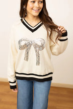 Load image into Gallery viewer, Emma+Grace Varsity Sweater with Sequin Bow on Front in Cream