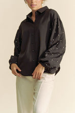 Load image into Gallery viewer, Davi & Dani Solid Color Button Up Top with Stone Embellished Sleeves in Black