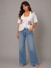 Load image into Gallery viewer, Jodifl Vintage Floral Embroidered Front Tie Closure Top in White