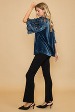 Load image into Gallery viewer, Umgee Velvet Split Neck Top with Floral Lace Sleeves in Slate Blue
