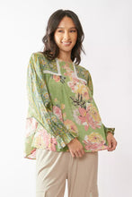 Load image into Gallery viewer, Davi & Dani Mixed Print Peasant Babydoll Top in Sage