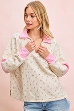 Load image into Gallery viewer, BiBi Floral Print French Terry V Neck Collared Top in Ivory/Pink