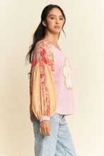 Load image into Gallery viewer, Davi & Dani Waffle Knit Top with Mix N Match Prints and Flower Patch Front in Pink Multi