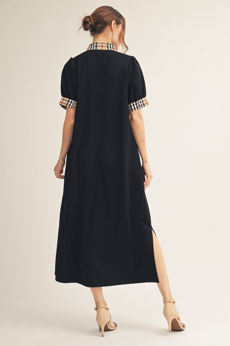 Jodifl Solid Color Midi Dress with Contrasting Classic Check in Black – June Adel Jodifl Solid Color Midi Dress with Contrasting Classic Check in Black – June Adel