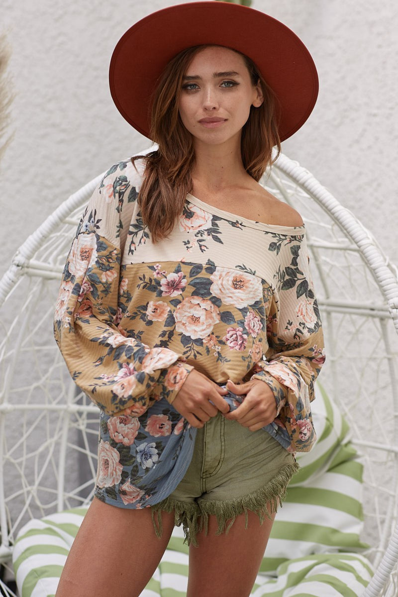 BiBi Floral Jqd Smoked Puff Sleeves V Neck Top main image 1
