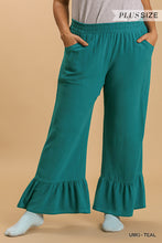 Load image into Gallery viewer, Umgee Linen Blend High Waist Wide Ruffle Leg Pants in Teal