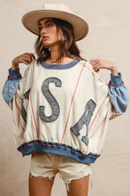 Load image into Gallery viewer, BiBi OVERSIZED Color Block Top with USA Denim Patches in Oatmeal/Denim
