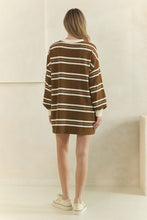 Load image into Gallery viewer, Veveret Coastal Breeze Stripe Sweatshirt Dress in Mocha Combo