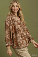 Load image into Gallery viewer, Umgee Paisley Print Lace Trim Babydoll Blouse in Brown