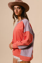 Load image into Gallery viewer, BiBi Color Block French Terry Top in Dark Coral/Lavender