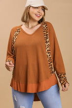 Load image into Gallery viewer, Umgee Waffle Knit Top with Animal Print Trim in Gingerbread