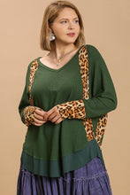 Load image into Gallery viewer, Umgee Waffle Knit Top with Animal Print Trim in Hunter Green