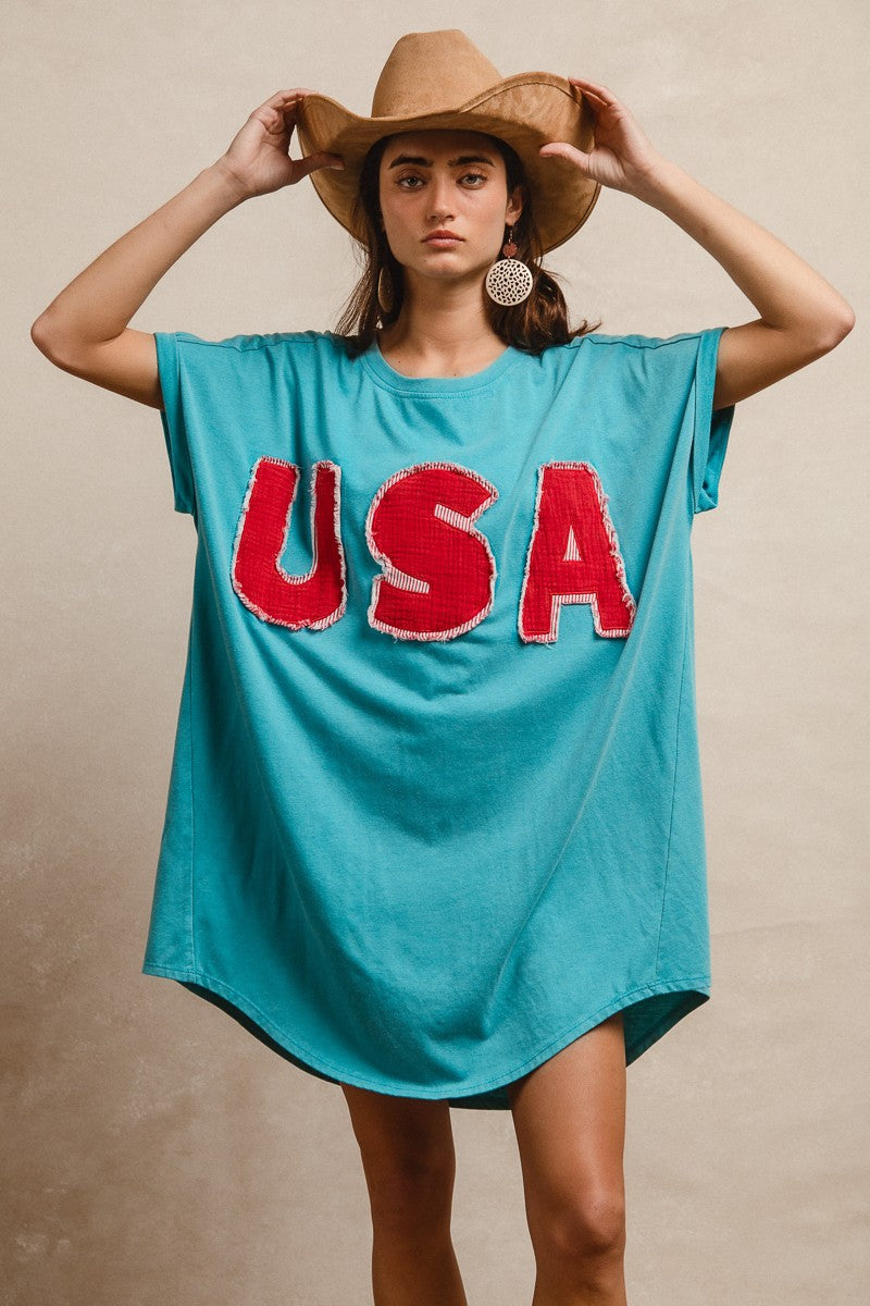 BiBi Solid Color Jersey Knit Dress with Layered USA Patched Front in V –  June Adel