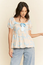 Load image into Gallery viewer, Davi & Dani Bow Print Peplum Top in Blue