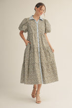 Load image into Gallery viewer, Jodifl Leopard Print Tiered Midi Dress with Contrast Trim in Blue