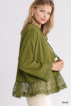 Load image into Gallery viewer, Umgee Tassel Tie and Lace Detail Top in Olive