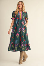 Load image into Gallery viewer, Jodifl Contrast Accent Floral Midi Dress in Hunter Green