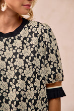 Load image into Gallery viewer, BiBi Textured Rose Knit Top With Contrasting Banded Puff Sleeves in Black/Light Grey
