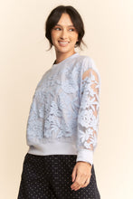 Load image into Gallery viewer, Davi & Dani Sheer Floral Embroidered Sweatshirt in Blue