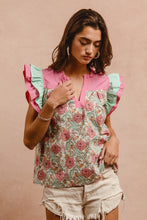 Load image into Gallery viewer, BiBi Floral Print Top with Contrasting Double Ruffle Sleeves in Rose Pink