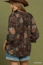Load image into Gallery viewer, Umgee Floral Ruffle Neck Blouse in Brown Mix