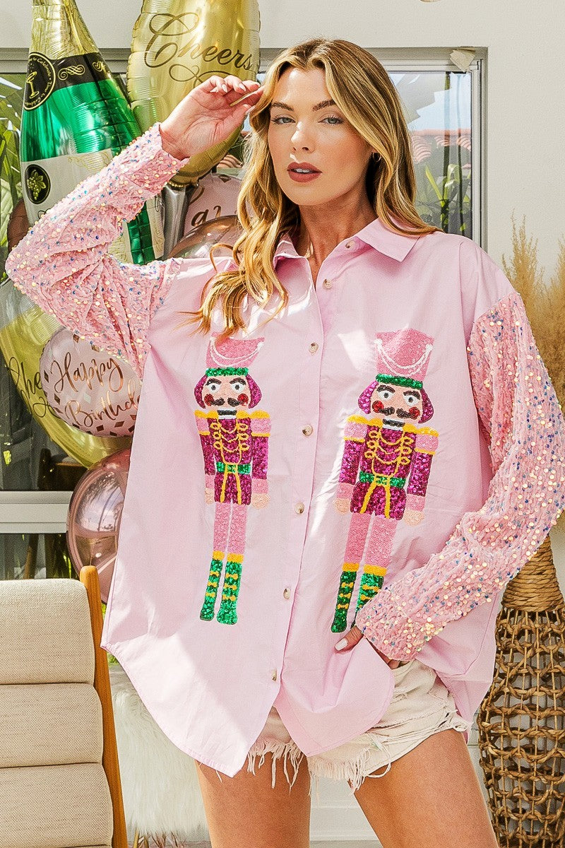 BiBi Button Up Shirt with Large Sequin Nutcrackers and Velvet Sequin  Sleeves in Pink