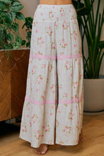 Load image into Gallery viewer, BiBi Smocked Waistband Rose Printed Gauze Lace Trim Detailed Pants in Taupe/Blush