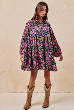 Load image into Gallery viewer, BiBi Floral Print Half Button Front Mini Dress in Navy/Fuchsia