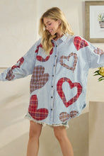 Load image into Gallery viewer, Oli & Hali Mineral Washed OVESIZED Top with Mixed Plaid Heart Patches in Blue