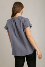 Load image into Gallery viewer, Umgee Short Sleeve Collared Button Up Top with Frayed Hem in Ash Blue