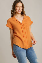 Load image into Gallery viewer, Umgee Short Sleeve Collared Button Up Top with Frayed Hem in Papaya