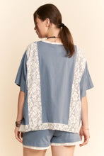 Load image into Gallery viewer, Davi & Dani OVERSIZED Knit and Lace Top with Flower Patches in Blue Multi