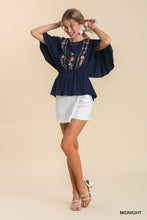 Load image into Gallery viewer, Umgee Linen Blend Top with Flower Embroidery in Midnight
