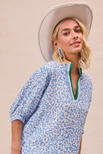 Load image into Gallery viewer, BiBi OVERSIZED Leopard Print Woven Top with Contrasting Striped Collar in Blue