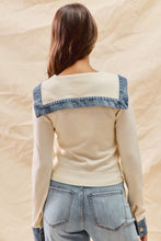 Load image into Gallery viewer, So Me FITTED Knit Sweater Cardigan with Contrasting Denim Details in Ivory