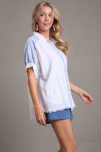 Load image into Gallery viewer, Umgee Linen Button Down Stripped Detail Top with Chest Pocket & Unfinished Hem in Off White