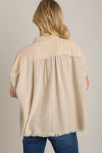 Load image into Gallery viewer, Umgee Linen Button Down Stripped Detail Top with Chest Pocket & Unfinished Hem in Oatmeal