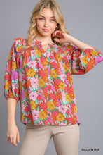 Load image into Gallery viewer, Umgee Multicolor Flower Print V-Notched Top with Smocked Detail in Brown Mix