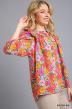 Load image into Gallery viewer, Umgee Multicolor Flower Print V-Notched Top with Smocked Detail in Brown Mix