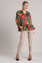 Load image into Gallery viewer, Umgee Satin Print 3/4 Sleeve Ruffle Neck Tie Tiered Top in Green Mix