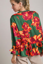 Load image into Gallery viewer, Umgee Satin Print 3/4 Sleeve Ruffle Neck Tie Tiered Top in Green Mix