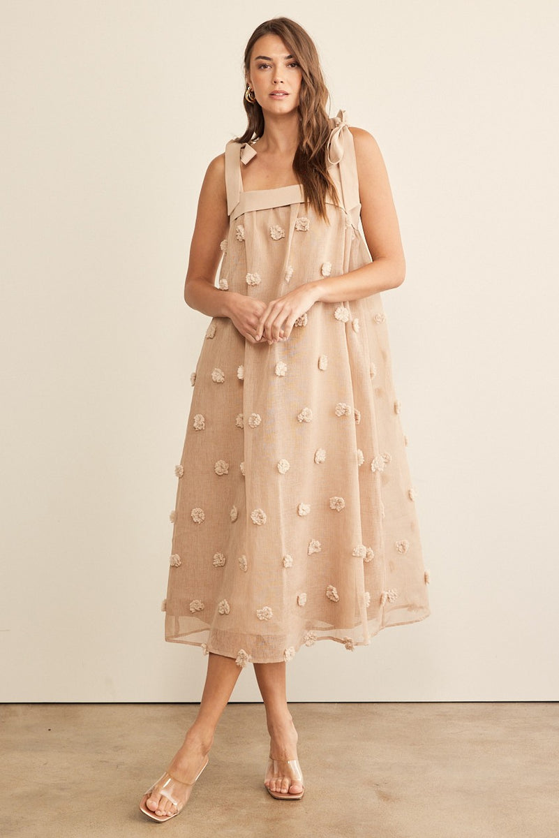 In February Blossom Floral Embroidery Midi Dress in Mocha