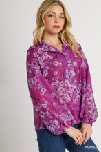 Load image into Gallery viewer, Umgee Mandarin Collar Sheer Floral Print Button Up Boxy Cut Top in Purple