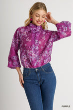 Load image into Gallery viewer, Umgee Mandarin Collar Sheer Floral Print Button Up Boxy Cut Top in Purple