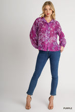 Load image into Gallery viewer, Umgee Mandarin Collar Sheer Floral Print Button Up Boxy Cut Top in Purple