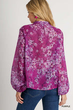 Load image into Gallery viewer, Umgee Mandarin Collar Sheer Floral Print Button Up Boxy Cut Top in Purple